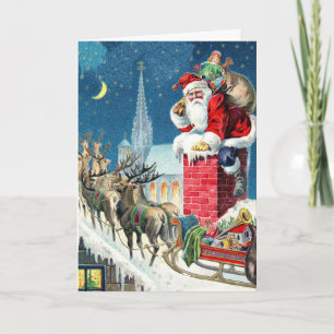 Cartão De Festividades Natal Papai Noel e Trenó no Telhado Vintage