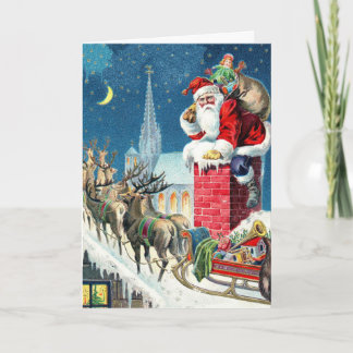 Cartão De Festividades Natal Papai Noel e Trenó no Telhado Vintage