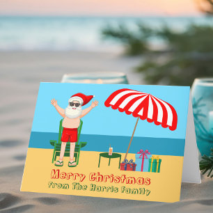Cartão De Festividades Natal Papai Noel Ensolarado Praia Personalizado Fo