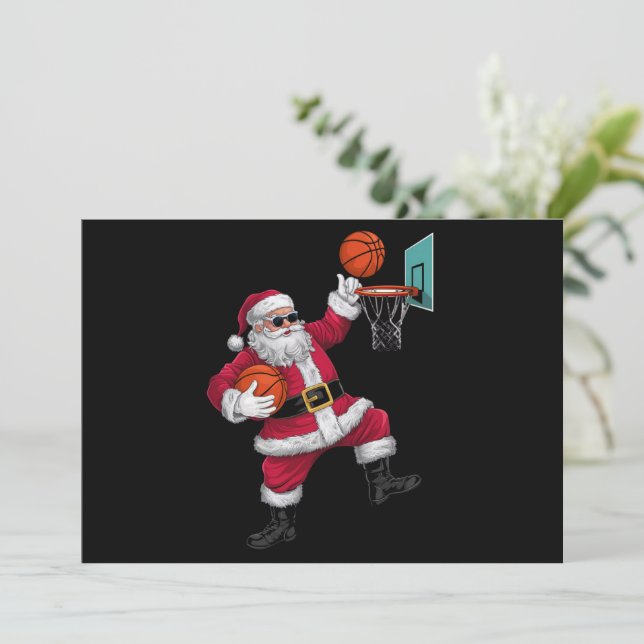 Cartão De Festividades Natal Papai Noel Enterrando Uma Bola De Basquetebo (Em pé/Frente)