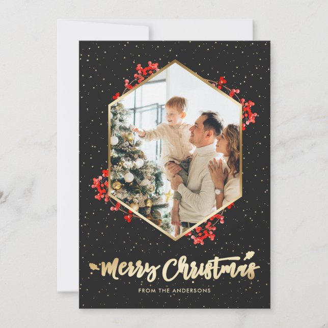 Cartão De Festividades Natal para a neve Dourada das Berries Vermelhas Mo (Frente)