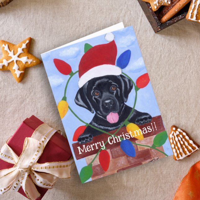 Cartão De Festividades Natal para Papais noeis de Labrador Negro (Black Labrador Puppy Santa Christmas Cards for Black Labrador Retriever Owners.  Cute puppy design.)