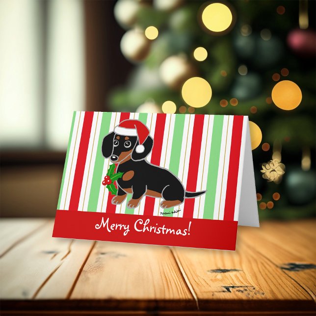 Cartão De Festividades Natal para Papais noeis de Tan Dachshund (Black and Tan Smooth Haired Dachshund Santa Christmas Cards for Dachshund Owners.  Cartoon Design.)
