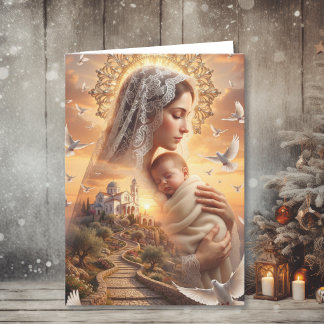 Cartão De Festividades Natal Paz Celestial | Mãe Maria e Jesus