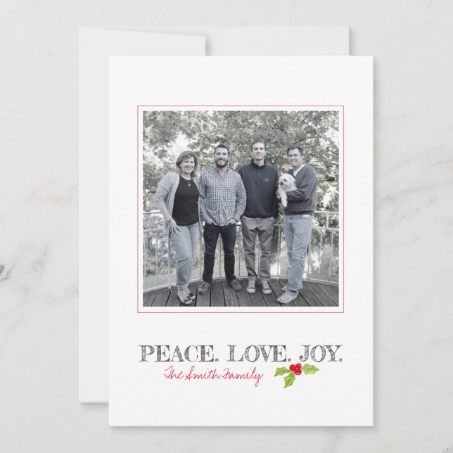 Cartão De Festividades Natal Peace Love Joy Holly Family Name Photo (Frente)