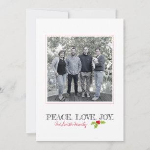 Cartão De Festividades Natal Peace Love Joy Holly Family Name Photo