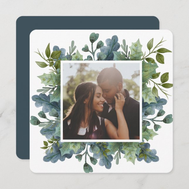 Cartão De Festividades Natal personalizado Blue Green deixa foto (Frente/Verso)