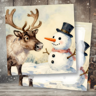 Cartão De Festividades Natal Personalizado com Boneco de Neve e Rena Vint