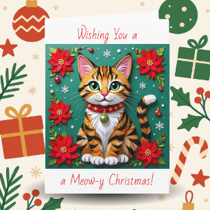 Cartão De Festividades Natal Personalizado com Gato e Poinsettia