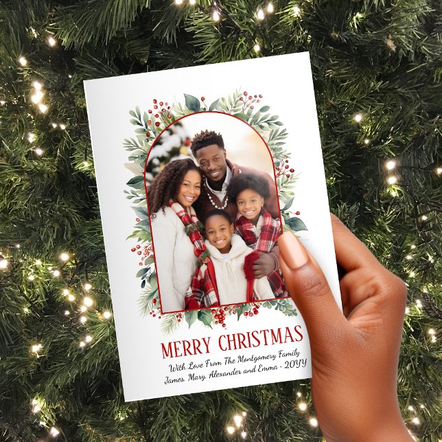 Cartão De Festividades Natal Personalizado da Arca Vermelha Elegante (Elegant Greenery Red Arch Custom Photo Christmas Holiday Card)
