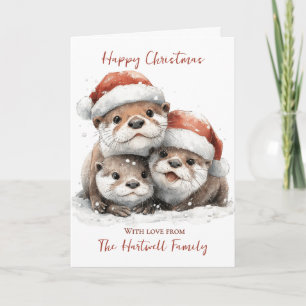 Cartão De Festividades Natal Personalizado da Família de Lontra Aquarela