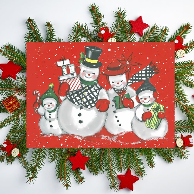 Cartão De Festividades Natal Personalizado da Família Snowman da Feliz Vi (Vintage Merry Snowman Family Custom Christmas Holiday Card)