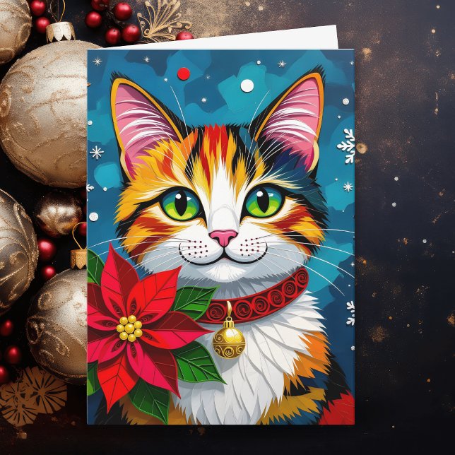 Cartão De Festividades Natal Personalizado de Gato e Poinsettia (Criador carregado)