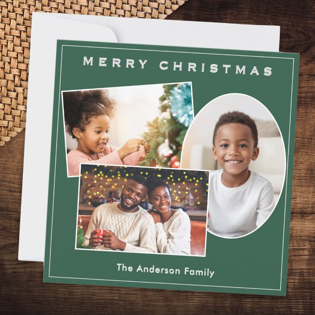 Cartão De Festividades Natal Personalizado do Silver Verde e Faux Silver  (A stylish forest green Christmas card to customize with 3 photos and your name(s) or message)