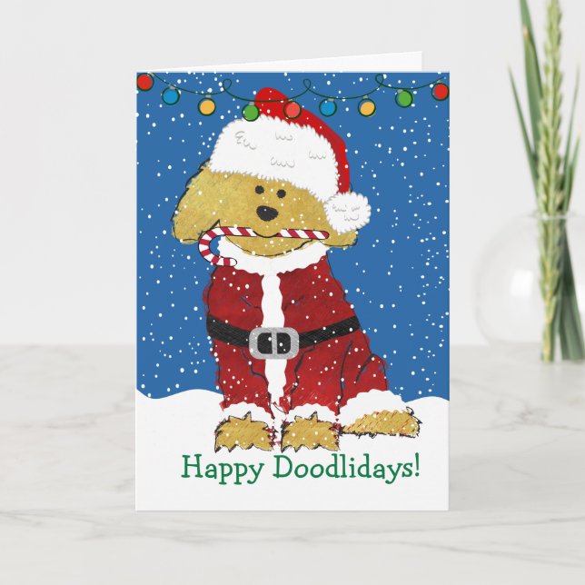Cartão De Festividades Natal personalizado Goldendoodle Papai Noel (Frente)