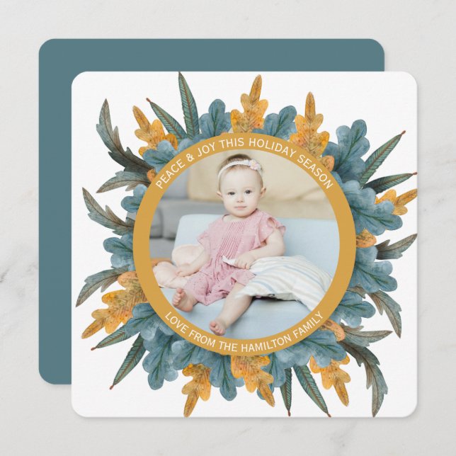 Cartão De Festividades Natal Personalizado Laranja Azul Deixa Foto (Frente/Verso)