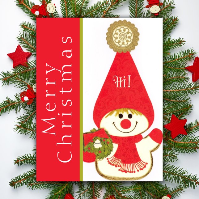 Cartão De Festividades Natal Personalizado para Gnomo de Neve Feliz e mei (Mid Century Happy Snow Gnome Custom Christmas Holiday Card)