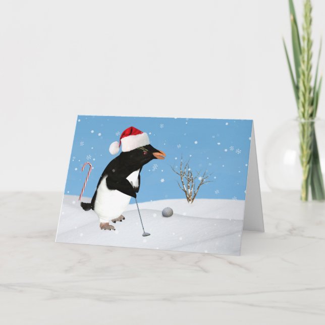 Cartão De Festividades Natal, Pinguim Jogando Golfe (Frente)