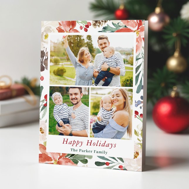 Cartão De Festividades Natal Poinsettia Holly Berries Floral 3 Foto (Criador carregado)