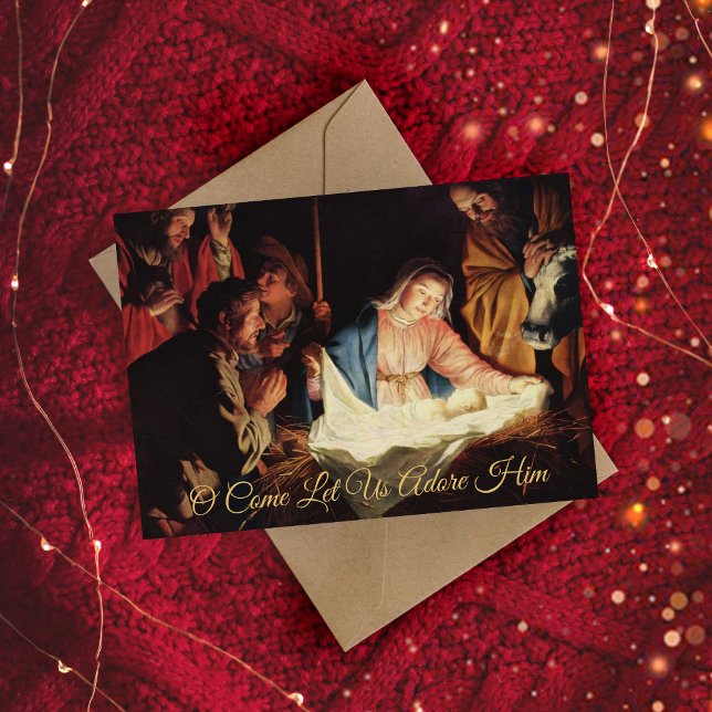 Cartão De Festividades Natal religioso Dourado e elegante (This Christmas collection features a vintage oil painting of the Nativity Scene.)