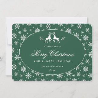 Cartão De Festividades Natal Rena Elegante Verde Branco Floco de Neve