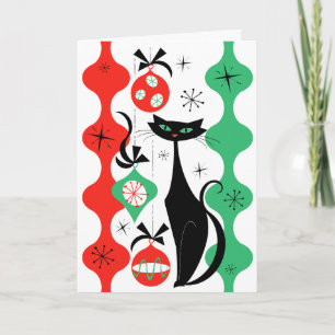 Cartão De Festividades Natal Retro Feliz com Gato Listrado
