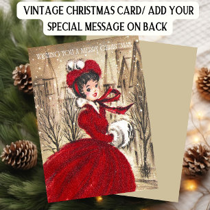 Cartão De Festividades Natal Retro Mulher de Vermelho