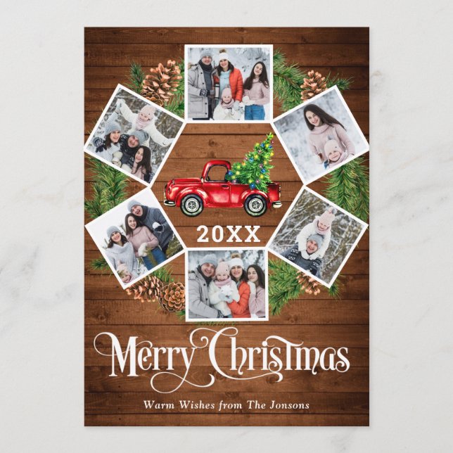 Cartão De Festividades Natal Retro Red Fazenda Caminhão Saudação 6 FOTO (Frente)