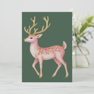 Cartão De Festividades Natal Rosa Floral Rena Veado Floresta Vintage 