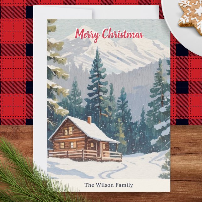 Cartão De Festividades Natal Russo do País da Neve de inverno (A rustic personalized Christmas card with illustration of a cabin on a mountain with snow and trees)