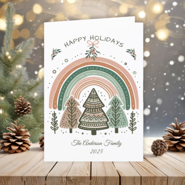 Cartão De Festividades Natal Rustic Boho Terracotta Rainbow Tres (Scandinavian rainbow and pine trees Christmas greeting card)