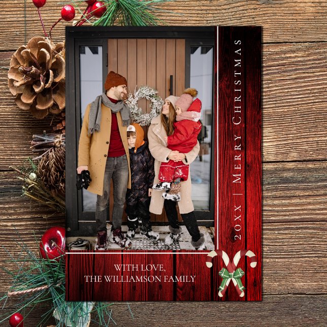 Cartão De Festividades Natal Rustic Candy Canes | Vermelho (Red Rustic Candy Canes Christmas Photo Card)