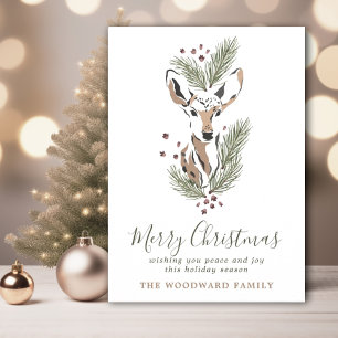 Cartão De Festividades Natal Rústico em Aquarela com Cervo da Floresta