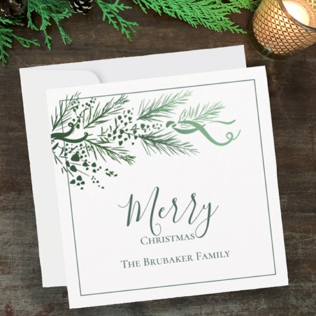 Cartão De Festividades Natal Simples e Moderno Personalizado (Personalize this elegant modern pine and berry green on white Christmas greeting card.)