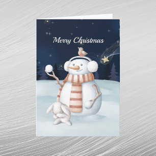 Cartão De Festividades Natal Snowman Snowbolas Rabbit Night Sky