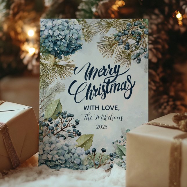 Cartão De Festividades Natal Snowy Pine Hydrangea (Criador carregado)