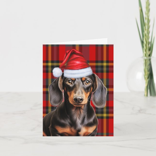 Cartão De Festividades Natal suave Dachshund e Xadrez vermelha (Frente)