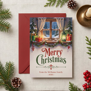 Cartão De Festividades Natal Tradicional Aconchegante Cabine Janela Natal