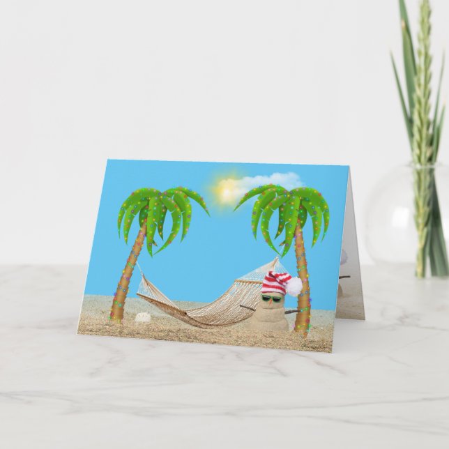 Cartão De Festividades Natal tropical com sandman e hammock (Frente)