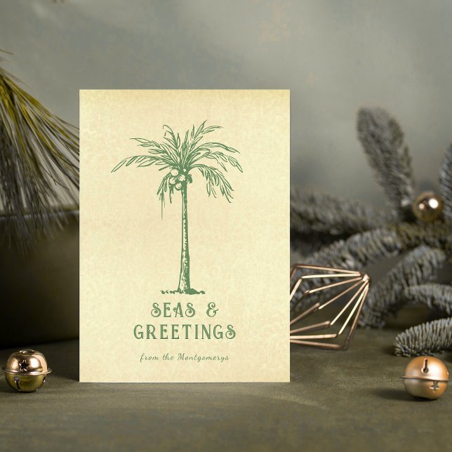 Cartão De Festividades Natal Tropical de Palmeiras e Saudações (Seas and Greetings Tropical Palm Tree Christmas Holiday Card)