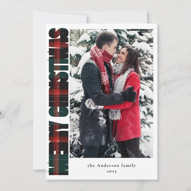Cartão De Festividades Natal verde e Xadrez vermelha da família Elegant (Frente)