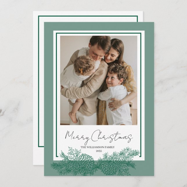 Cartão De Festividades Natal Verde Moderno Elegante Botânico (Frente/Verso)