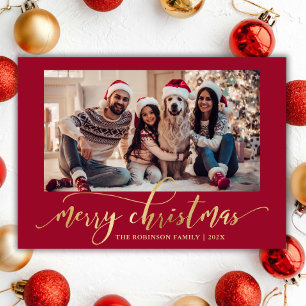Cartão De Festividades Natal Vermelho de Uma Foto em Script Dourado Elega