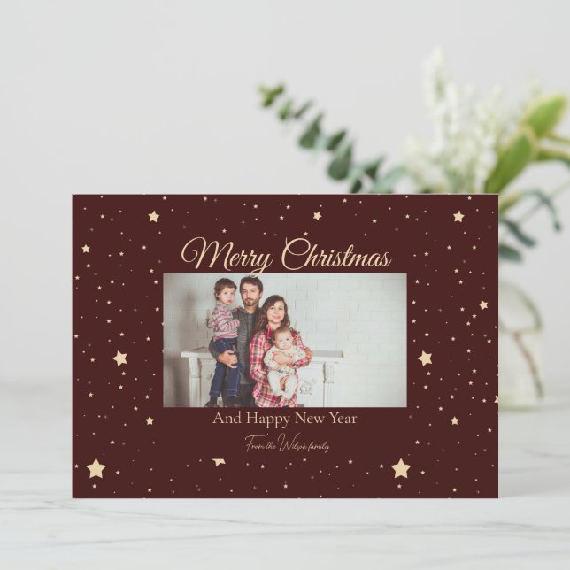 Cartão De Festividades Natal vermelho e Dourado da noite estelar (Em pé/Frente)