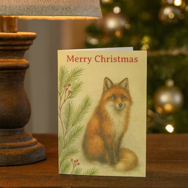 Cartão De Festividades Natal Vida Selvagem Raposa Vermelha Férias  (“Rustic fox Christmas card with vintage woodland charm”)