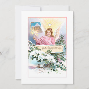 Cartão De Festividades natal vintage Angel, Star & Snow Covered Pine