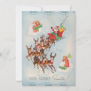 Cartão De Festividades Natal Vintage Aqui Vem Papai Noel