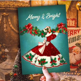 Cartão De Festividades Natal vintage decoração de garota vermelha