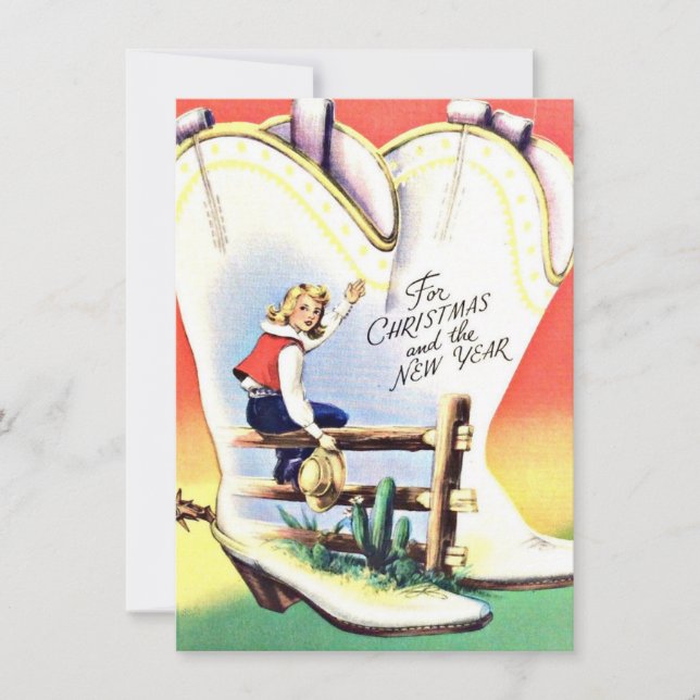 Cartão De Festividades Natal Vintage e Ano Novo Cowgirl Western (Frente)