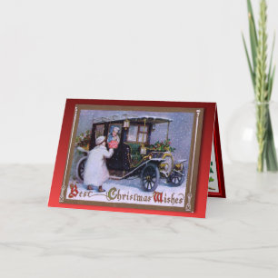 Cartão De Festividades Natal vintage, flores para uma menina em um carro